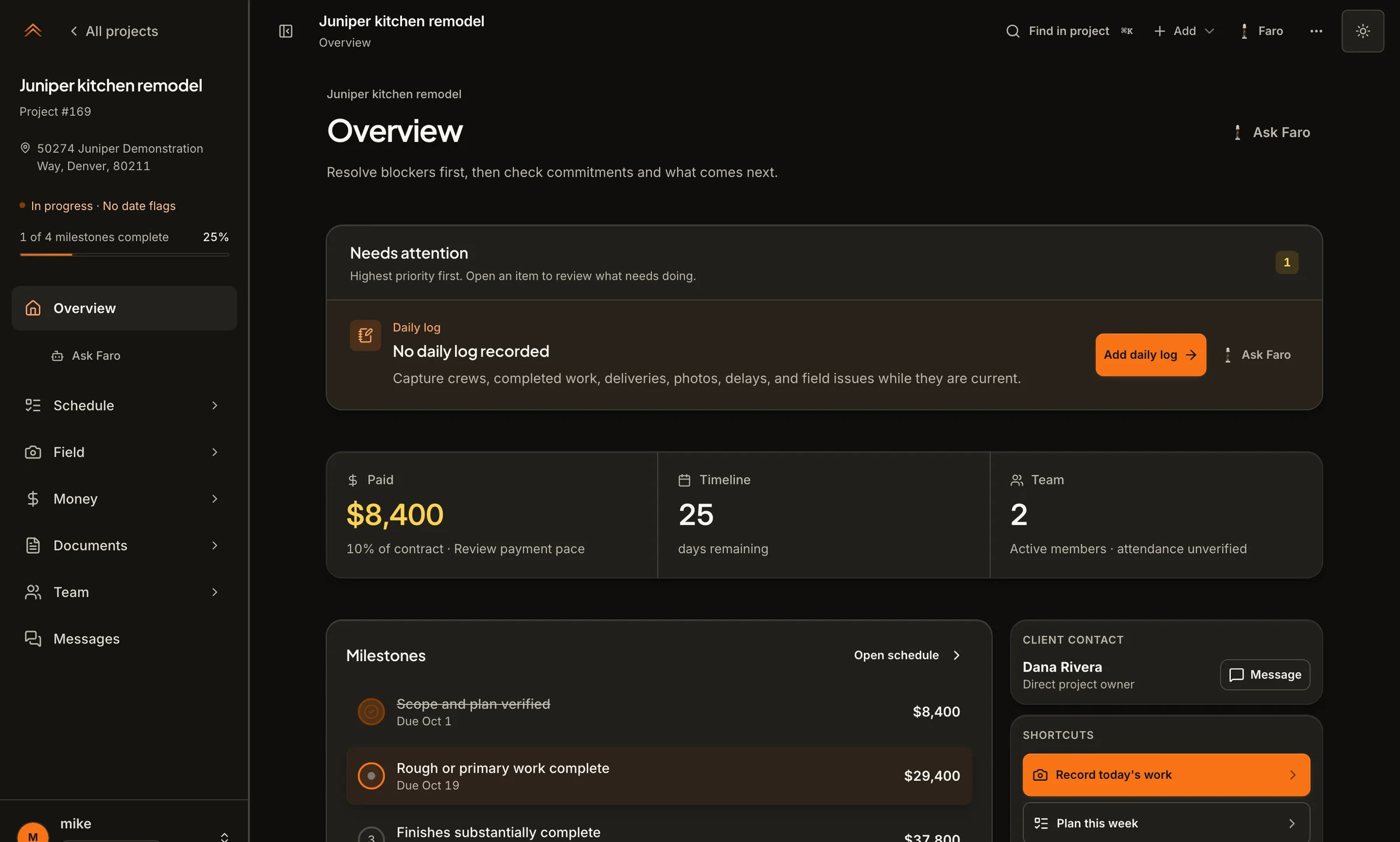 The Sullix job overview for a fictional kitchen remodel: what needs attention, money paid, days remaining, the team, milestones and the client contact.