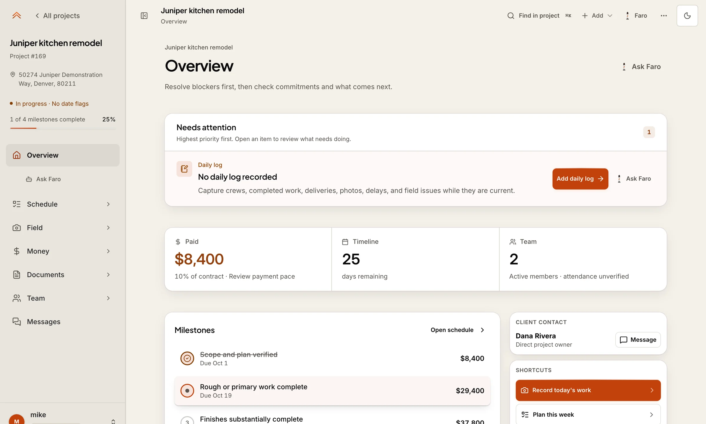 The Sullix job overview for a fictional kitchen remodel: what needs attention, money paid, days remaining, the team, milestones and the client contact.