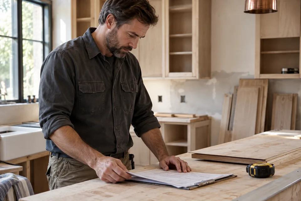A contractor reading a checklist at a workbench in a kitchen remodel.