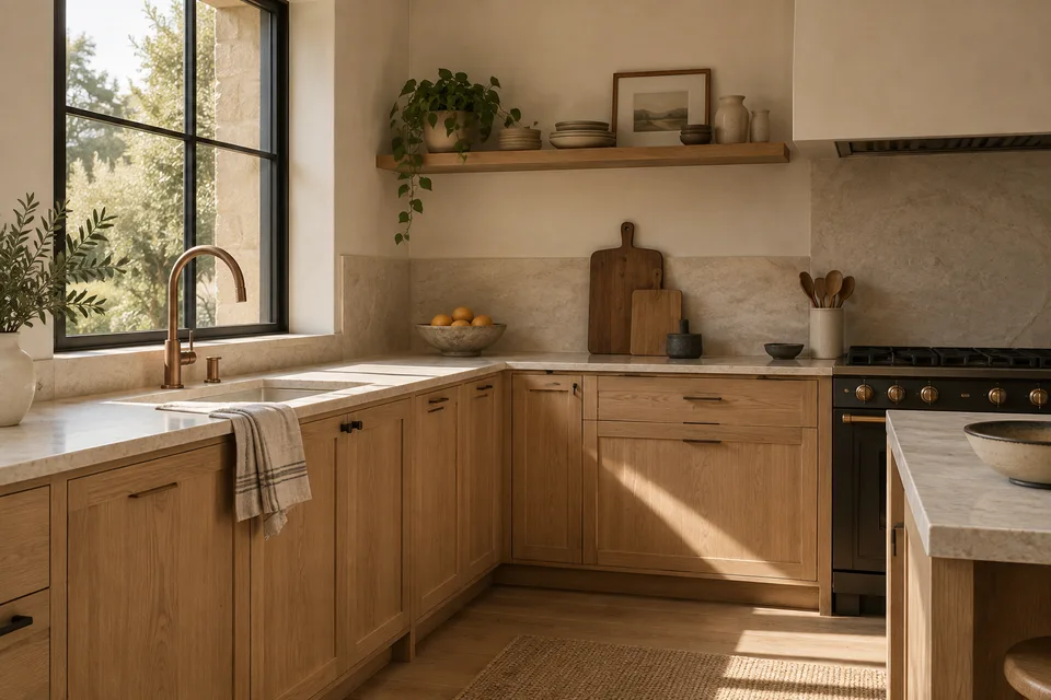 A finished kitchen remodel with oak cabinets in warm daylight.